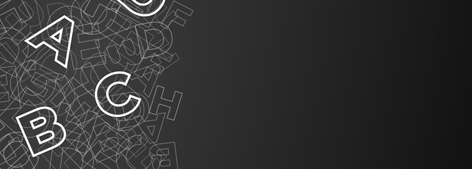 Abstract horizontal dark grey banner with white letters. Chalkboard school or university education context. Creative art design template blanck with place for text, text area, copy space.