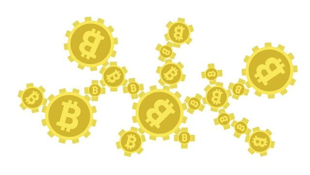 Bitcoin icon on white background. Internet money, coins. Cryptocurrency images for use in web projects or mobile apps. Bitcoins are shaped like gears, they are built as a single mechanism and rotate