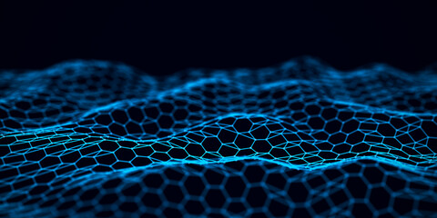Digital style hexagon wave with dots and lines background. The futuristic abstract modern structure of network connection. Big data visualization. 3D rendering.