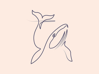 Continuous one line art minimal design whale, dolphin