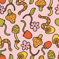 Hand drawn vector seamless pattern with trippy mushrooms and plants