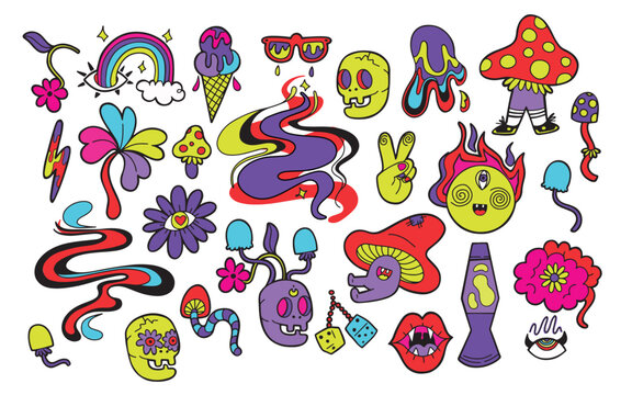 Big hand drawn set with psychedelic trippy characters and objects, hippie style isolated vector illustration in cartoon design
