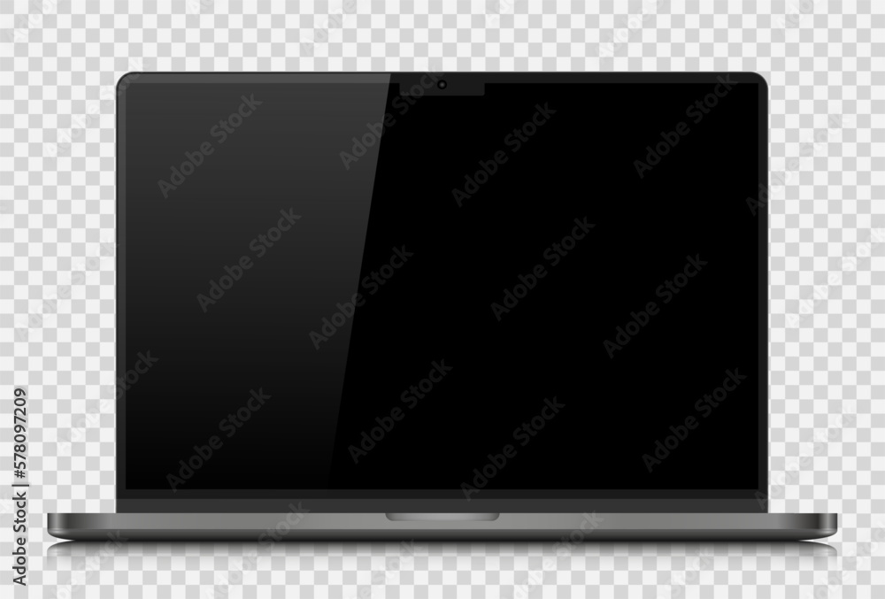 Poster realistic laptop layout with a dark silver case. a laptop with an empty black screen with a glare on