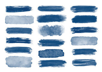Different grunge blue, ink paint brush strokes. Artistic design elements, grungy background vector set illustration