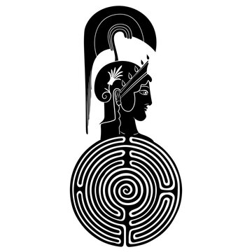 Head of the ancient Greek goddess Athena Pallas wearing helmet on top of a round spiral maze or labyrinth symbol. Creative concept for antique culture. Black and white silhouette.