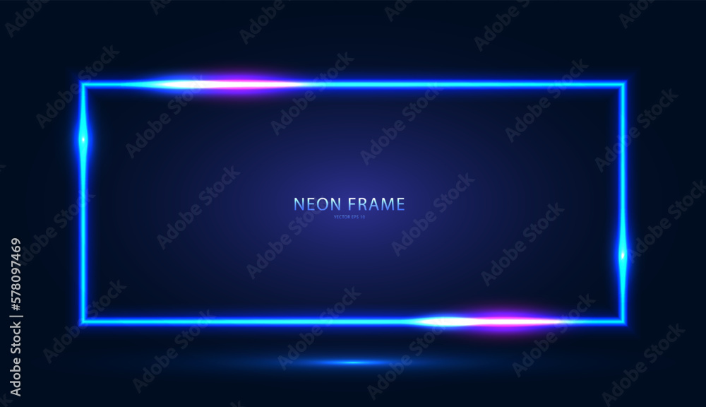 Aufkleber neon rectangular frame with shining effects on a dark blue background. abstract futuristic banner. v