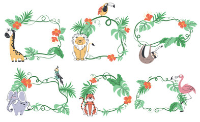Jungle animal frame tropical safari card border concept set. Vector graphic design illustration