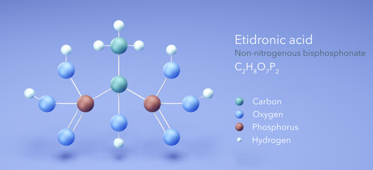 etidronic acid molecule, molecular structures, non-nitrogenous bisphosphonate, 3d model, Structural Chemical Formula and Atoms with Color Coding