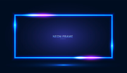Fototapeta premium Neon rectangular frame with shining effects on a dark blue background. Abstract futuristic banner. Vector EPS 10.