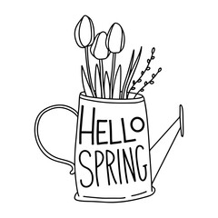 Hello spring - hand drawn lettering. Vector illustration of watering can with Flowers inside. Spring illustration for your printed products.
