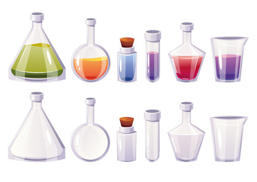Chemistry flask glass beaker tube liquid test full and empty concept. Vector graphic design illustration