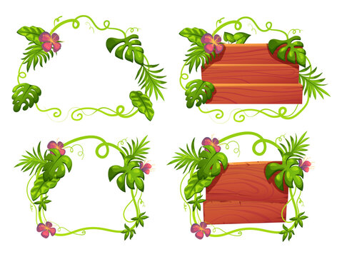 Wood board wooden frame jungle garden banner poster concept set. Vector graphic design illustration
