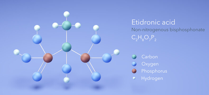 etidronic acid molecule, molecular structures, non-nitrogenous bisphosphonate, 3d model, Structural Chemical Formula and Atoms with Color Coding