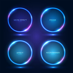 Round blue neon frames with shining effects and highlights on a dark background. A set of four futuristic modern neon glowing banners. Vector EPS10.