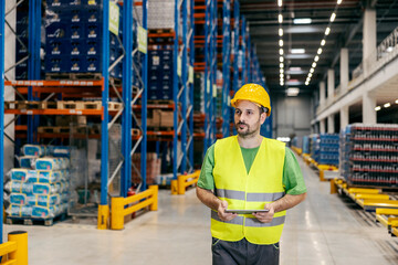 A warehouse clerk is walking trough facility and checking on goods and shipment.