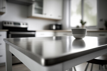 Fototapeta na wymiar table top with blurry background of modern white kitchen, ai generated
