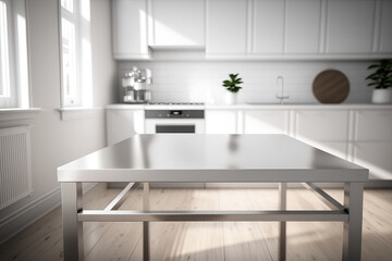 steel table top with blurry background of modern white kitchen, ai generated