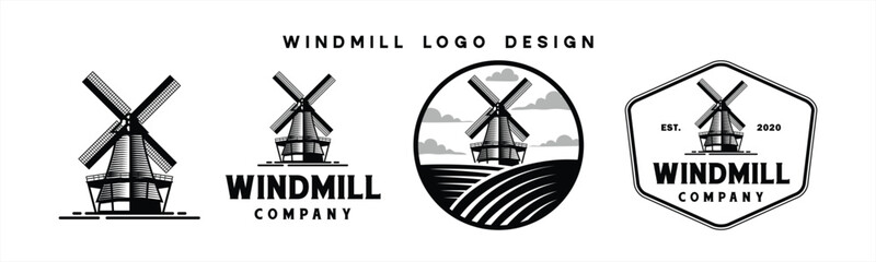 Windmill vintage logo design. Turbine, propeller in agricultural field. Farmhouse, farm, landscape emblem symbol hand drawn logo, vector illustration