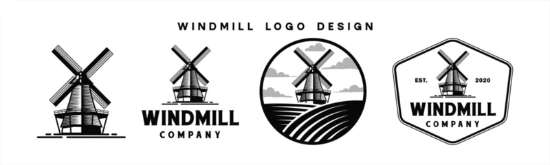 Gordijnen Windmill vintage logo design. Turbine, propeller in agricultural field. Farmhouse, farm, landscape emblem symbol hand drawn logo, vector illustration © Vilogsign
