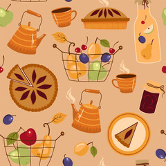 seamless pattern with pies, jam and tea