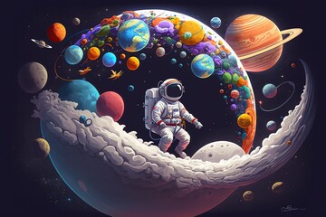 cartoon illustration, astronaut and planets drifting in space, ai generative