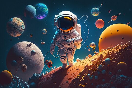 Fototapeta cartoon illustration, astronaut and planets drifting in space, ai generative