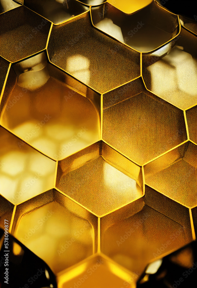 Poster beautiful golden hexagonal honeycomb background. digital art.