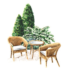 Relax zone in a cozy blooming garden, Wicker chairs . Hand drawn watercolor illustration,  solated  on white background