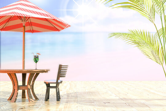 Tropical beach with wooden table and chair, umbrella and summer cocktail. Spring time. Vacations and travel destination. 3d render