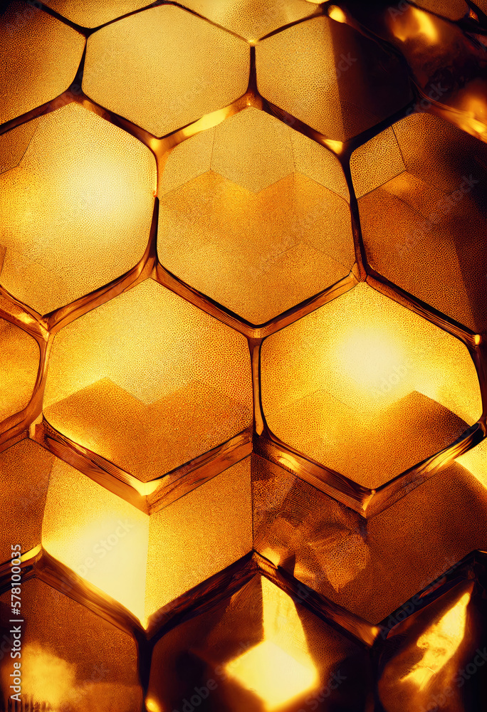 Poster beautiful golden hexagonal honeycomb background. digital art.