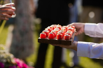 closeup of cubed watermelon appetizer on wooden tray on a sunny day at outdoor wedding
