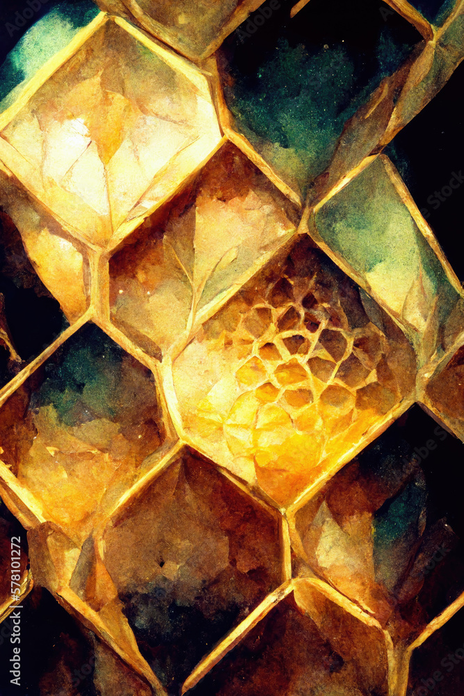 Poster beautiful golden hexagonal honeycomb background. digital art.