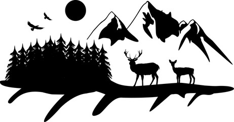 Silhouette Natur mit schöner Landschaft - Wildnis mit Hirsch, Reh und Adler © fotografiedk