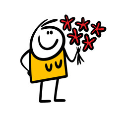 Glad young woman holds a big bouquet of red summer flowers.