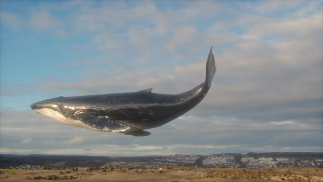Surrealist Animation of a Humpback Whale in the Sky. Fantasy Imagining. Bold, Catchy Imagery. 4K CGI animation.