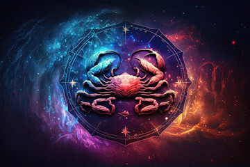 Cancer astrological zodiac sign in front of a space nebula