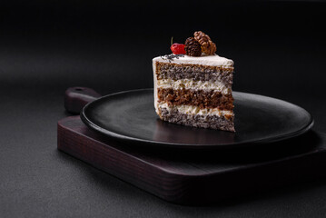 Delicious beautiful piece of cake with cream and berries