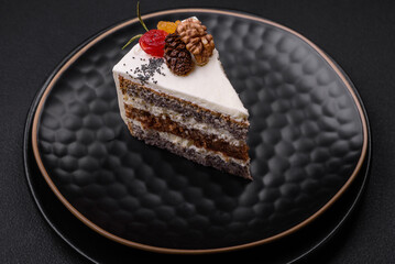 Delicious beautiful piece of cake with cream and berries