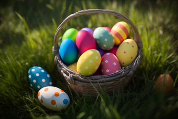 Fototapeta na wymiar Cestino di vimini di uova colorate decorate per Pasqua in un prato verde generato dall'AI