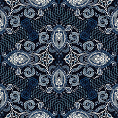 Retro indigo floral bandana 2 tone patterned fabric background. Seamless boho denim blue design. Fashion masculine wall paper. 
