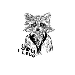 Black and white sketch of the cartoon raccoon. Isolated on a white background. Engraving design for tattoos.