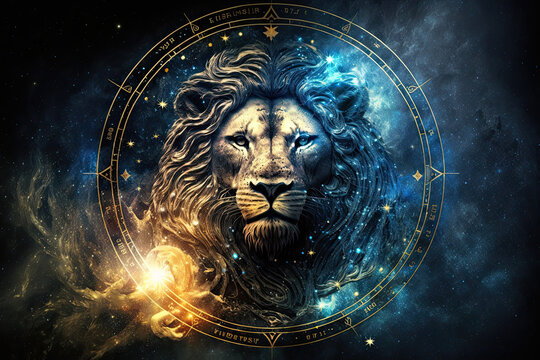 Leo astrological zodiac sign in front of a space nebula