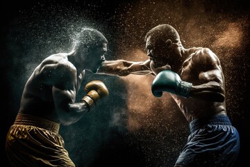 Fototapeta na wymiar Two boxers fighting on a dark and epic background with splashes of sweat, generative ai