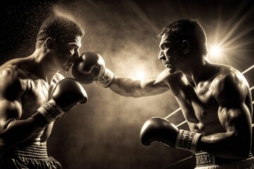 Fototapeta na wymiar A boxer punching his opponent in an epic, smoky ring, black and white, generative ai