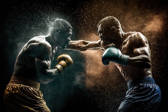 Two boxers fighting on a dark and epic background with splashes of sweat, generative ai