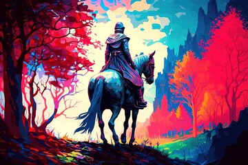 A man on a horse in a colorful fantasy landscape, generative ai
