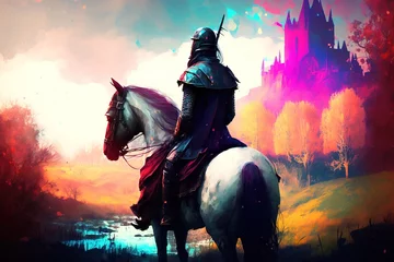 Fototapeten A knight on horseback in a colorful fantasy landscape with a castle in the background, generative ai © Dieter Holstein