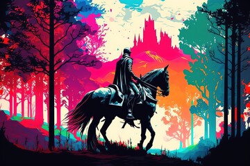A silhouette of a knight on a horse standing in a colorful multicolored fantasy forest, generative ai - obrazy, fototapety, plakaty