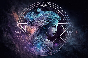 Virgo astrological zodiac sign in front of a space nebula