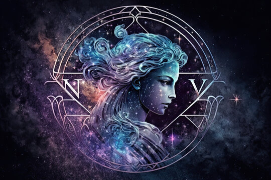 Virgo astrological zodiac sign in front of a space nebula